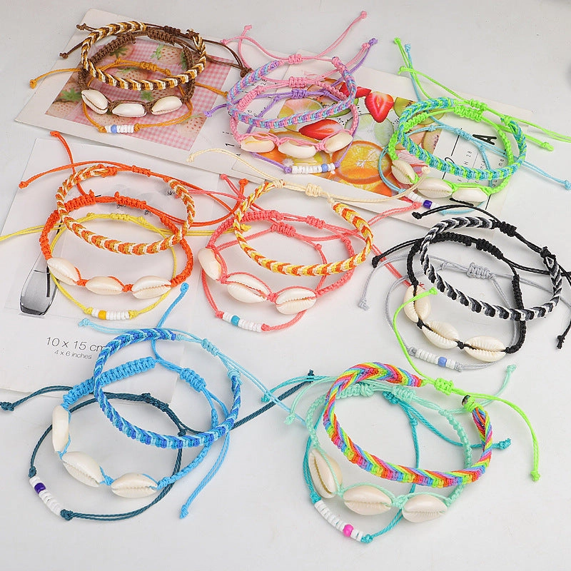 Wholesale Bohemian Colorful Wax Thread Seashell Bracelet Set