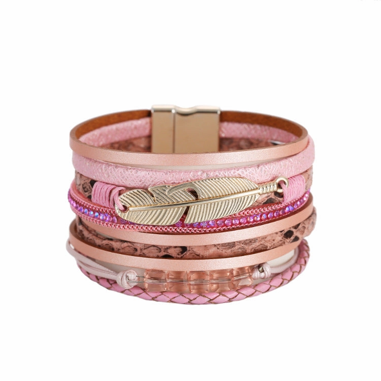 Wholesale Bohemian Crystal Feather Leather Bracelet