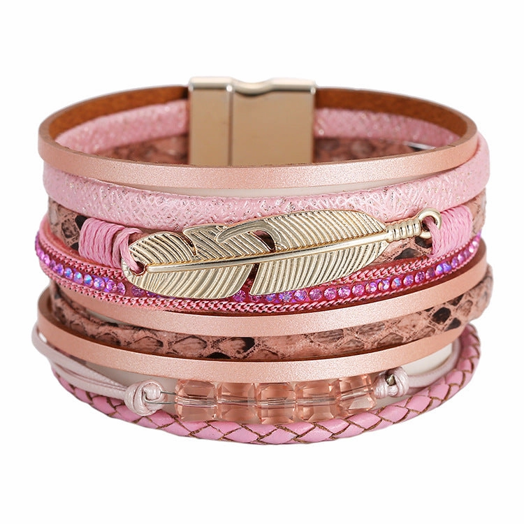 Wholesale Bohemian Crystal Feather Leather Bracelet