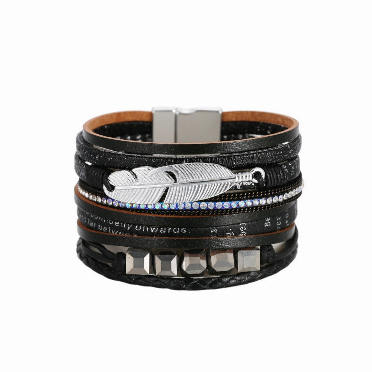 Wholesale Bohemian Crystal Feather Leather Bracelet