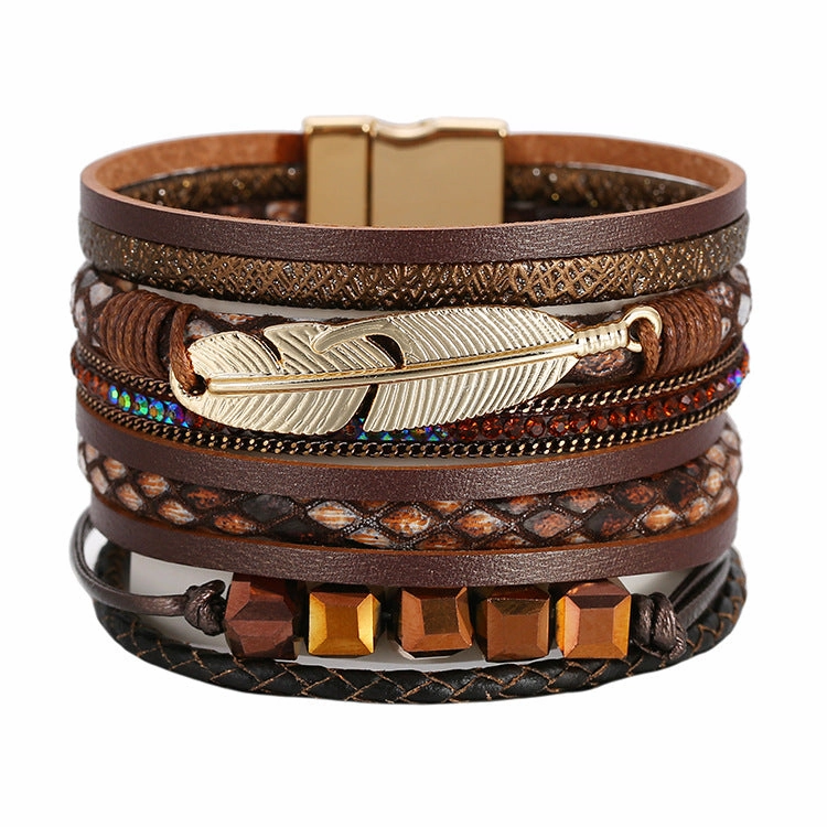 Wholesale Bohemian Crystal Feather Leather Bracelet