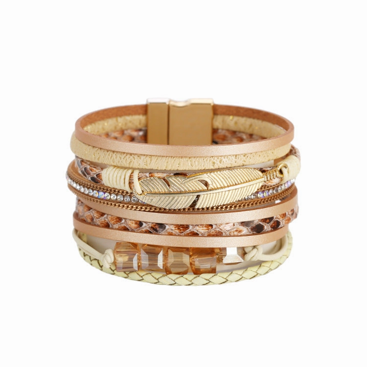 Wholesale Bohemian Crystal Feather Leather Bracelet