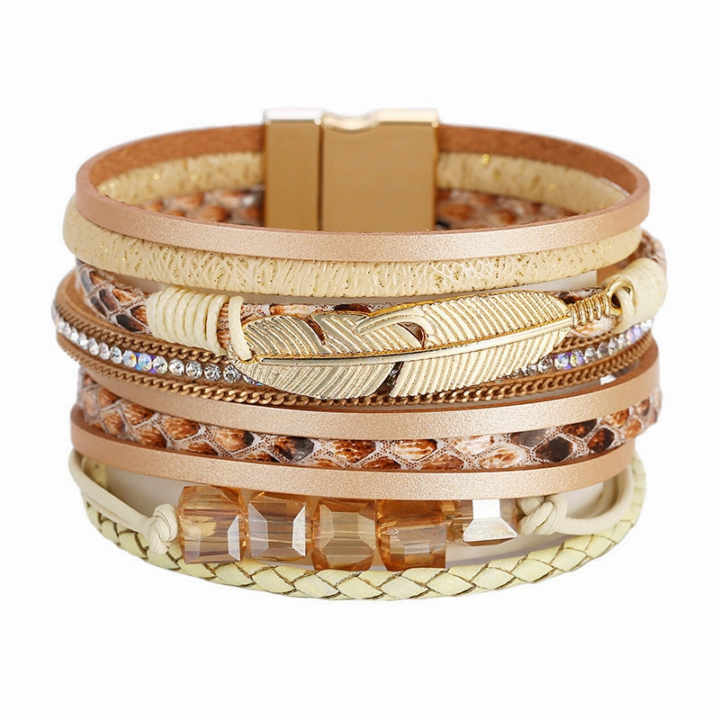 Wholesale Bohemian Crystal Feather Leather Bracelet