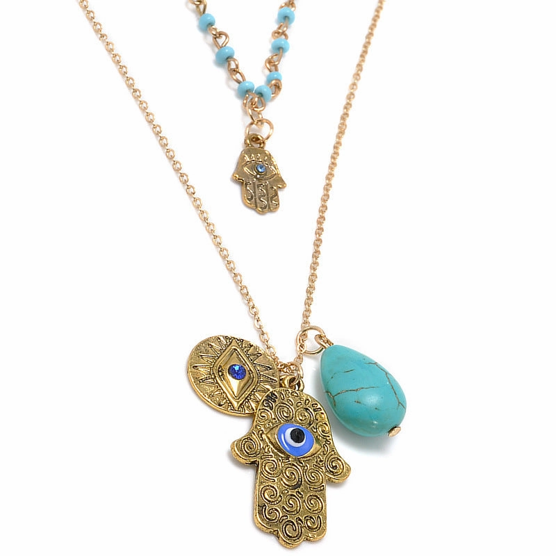 Wholesale Bohemian Double Layer Rice Beads Turquoise Sweater Chain Necklace