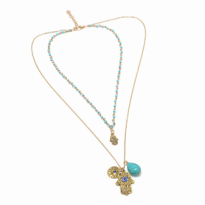 Wholesale Bohemian Double Layer Rice Beads Turquoise Sweater Chain Necklace