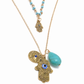 Wholesale Bohemian Double Layer Rice Beads Turquoise Sweater Chain Necklace