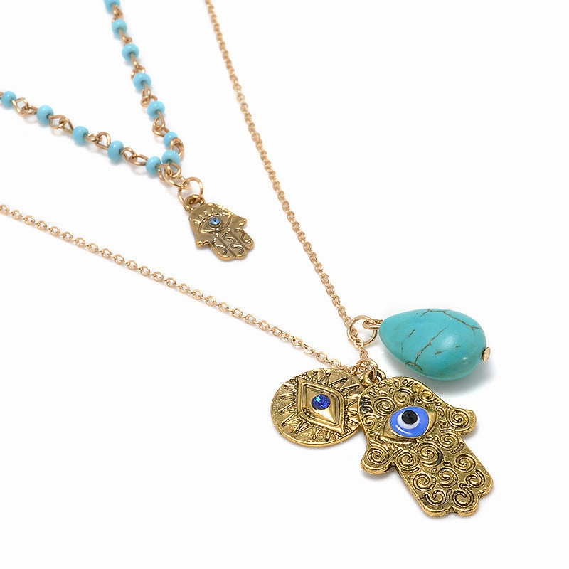 Wholesale Bohemian Double Layer Rice Beads Turquoise Sweater Chain Necklace