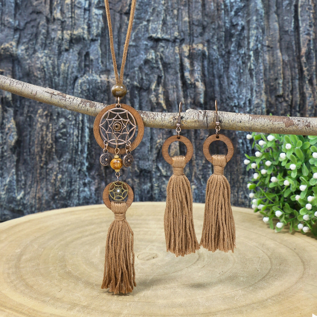 Wholesale Bohemian Dream Catcher Tassel Wooden Necklace