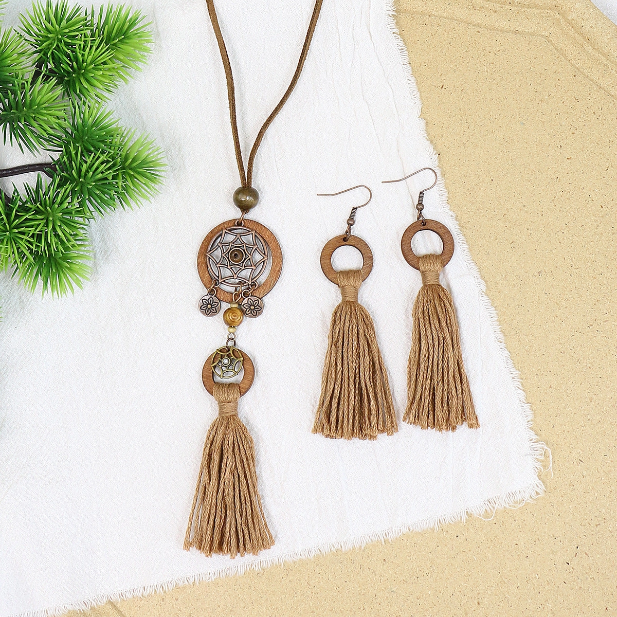 Wholesale Bohemian Dream Catcher Tassel Wooden Necklace