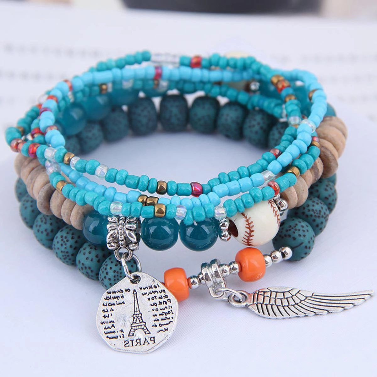 Wholesale Bohemian Ethnic Style Angel Wings Letter Alloy Pendant Beaded Bracelet Five-piece Set