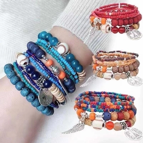 Wholesale Bohemian Ethnic Style Angel Wings Letter Alloy Pendant Beaded Bracelet Five-piece Set