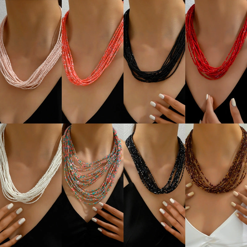 Wholesale Bohemian Ethnic Style Multi-layered Rice Bead Necklace Clavicle Chain