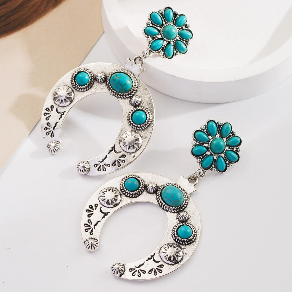 Wholesale Bohemian Ethnic Turquoise Milk Leather Diamond Hollow Earrings