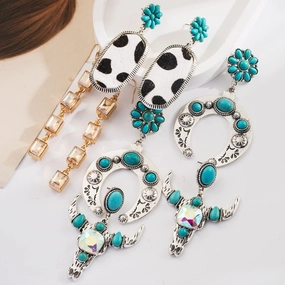 Wholesale Bohemian Ethnic Turquoise Milk Leather Diamond Hollow Earrings