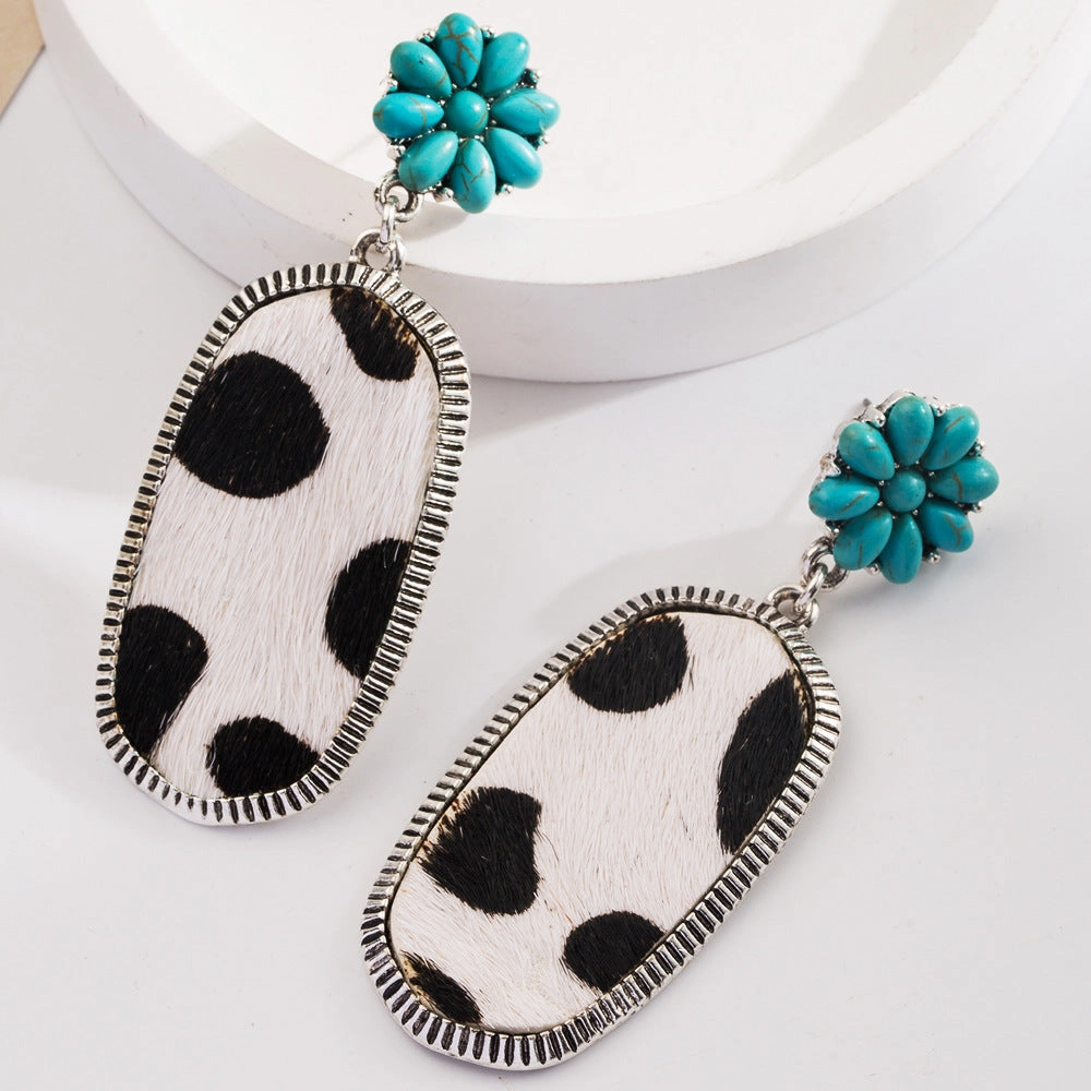 Wholesale Bohemian Ethnic Turquoise Milk Leather Diamond Hollow Earrings