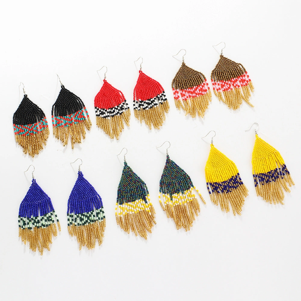 Wholesale Bohemian Handmade Rice Beads Colorful Ethnic Style Tassel Earrings