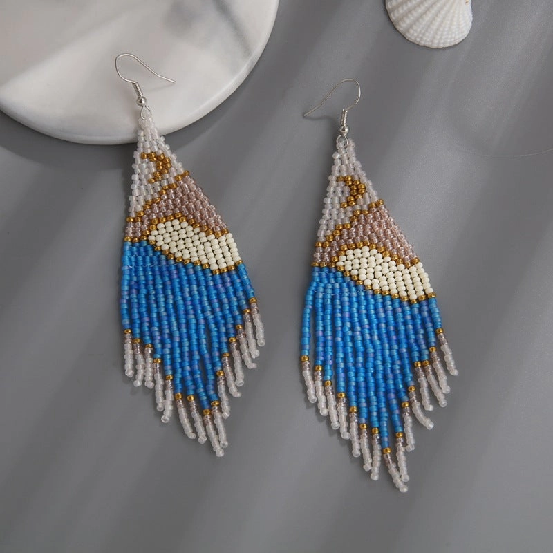 Wholesale Bohemian Handmade Tassels, Moon, Mountain and River Scenery, Rice Bead Earrings