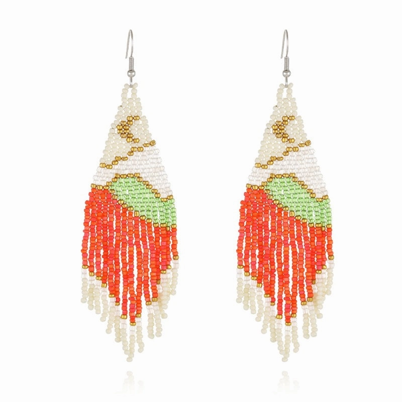 Wholesale Bohemian Handmade Tassels, Moon, Mountain and River Scenery, Rice Bead Earrings