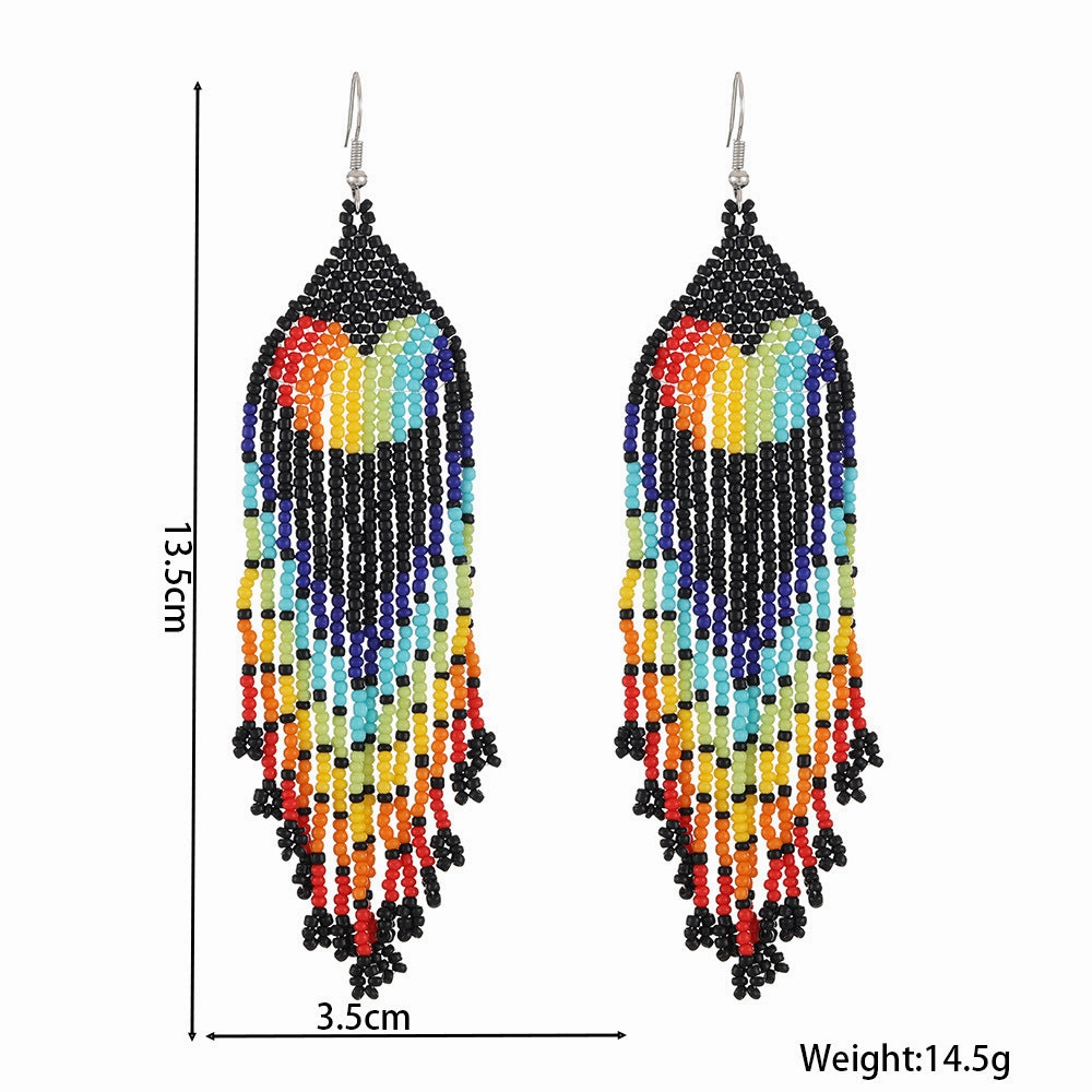 Wholesale Bohemian Handwoven Rainbow Heart-shaped Rice Bead Tassel Earrings