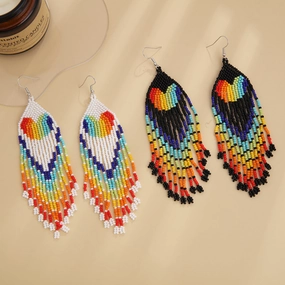 Wholesale Bohemian Handwoven Rainbow Heart-shaped Rice Bead Tassel Earrings