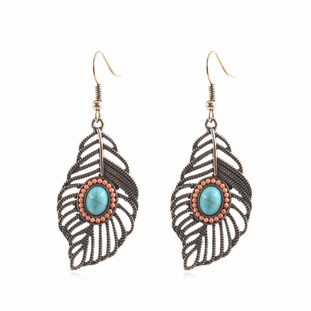 Wholesale Bohemian Hollow Tree Leaf Inlaid Turquoise Drop Earrings