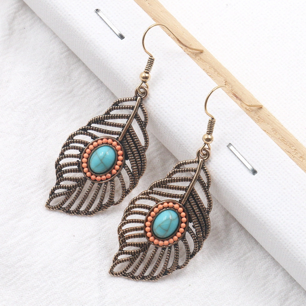 Wholesale Bohemian Hollow Tree Leaf Inlaid Turquoise Drop Earrings