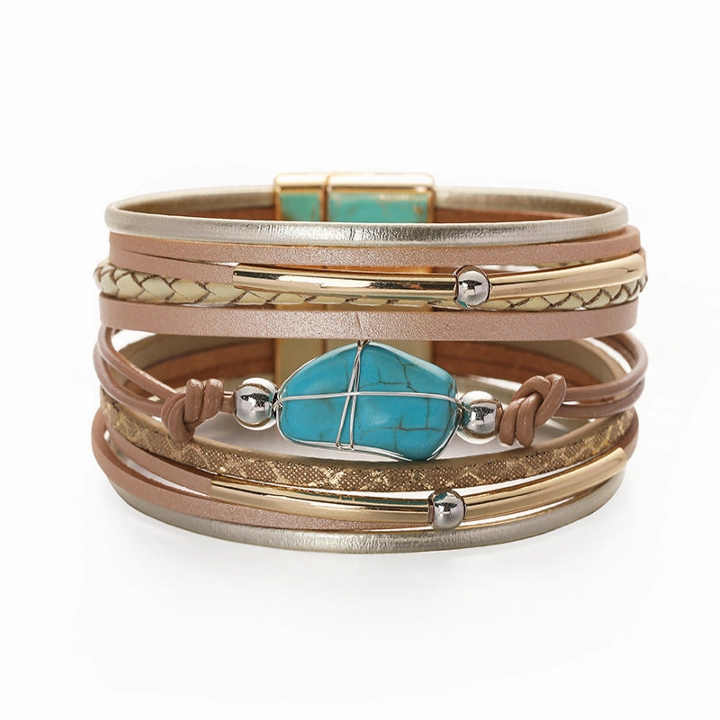 Wholesale Bohemian Multi-layer Leather Turquoise Beads Bracelet
