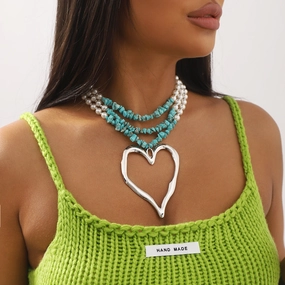 Wholesale Bohemian Multi-layered Large Heart Beaded Turquoise Necklace