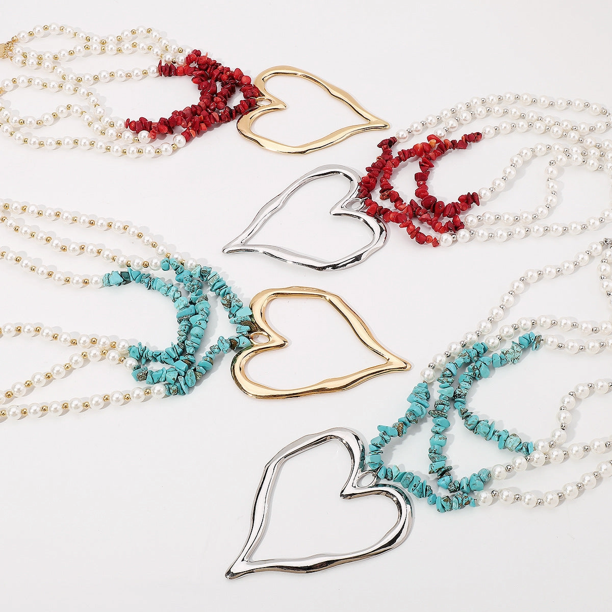 Wholesale Bohemian Multi-layered Large Heart Beaded Turquoise Necklace
