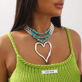 Wholesale Bohemian Multi-layered Large Heart Beaded Turquoise Necklace