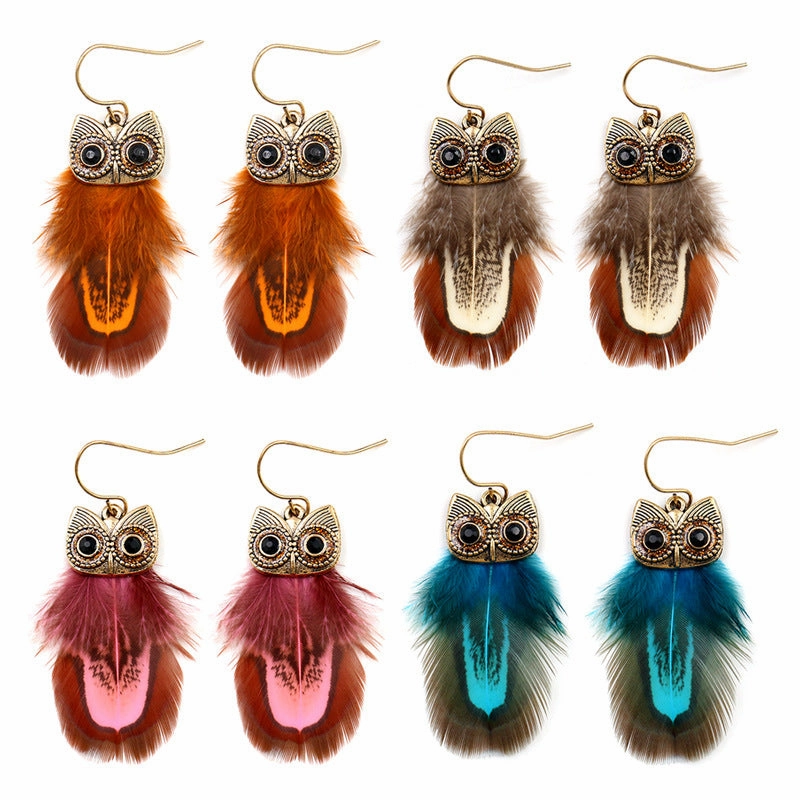 Wholesale Bohemian Owl Feather Alloy Earrings