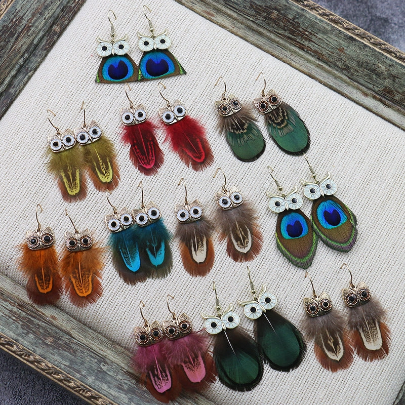 Wholesale Bohemian Owl Feather Alloy Earrings