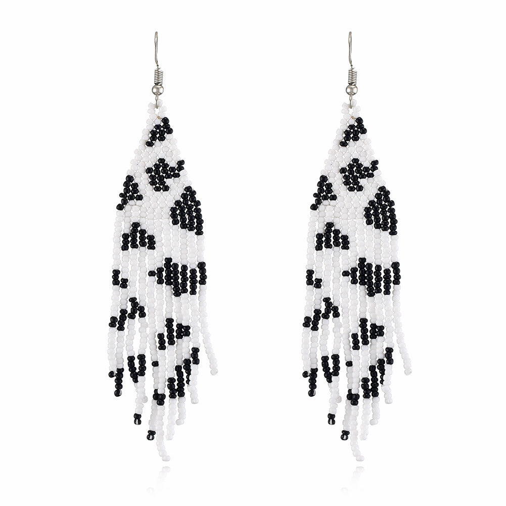 Wholesale Bohemian Rice Beads Handwoven Cow Pattern Long Tassel Earrings