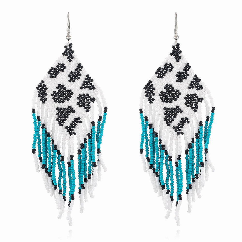 Wholesale Bohemian Rice Beads Handwoven Cow Pattern Long Tassel Earrings