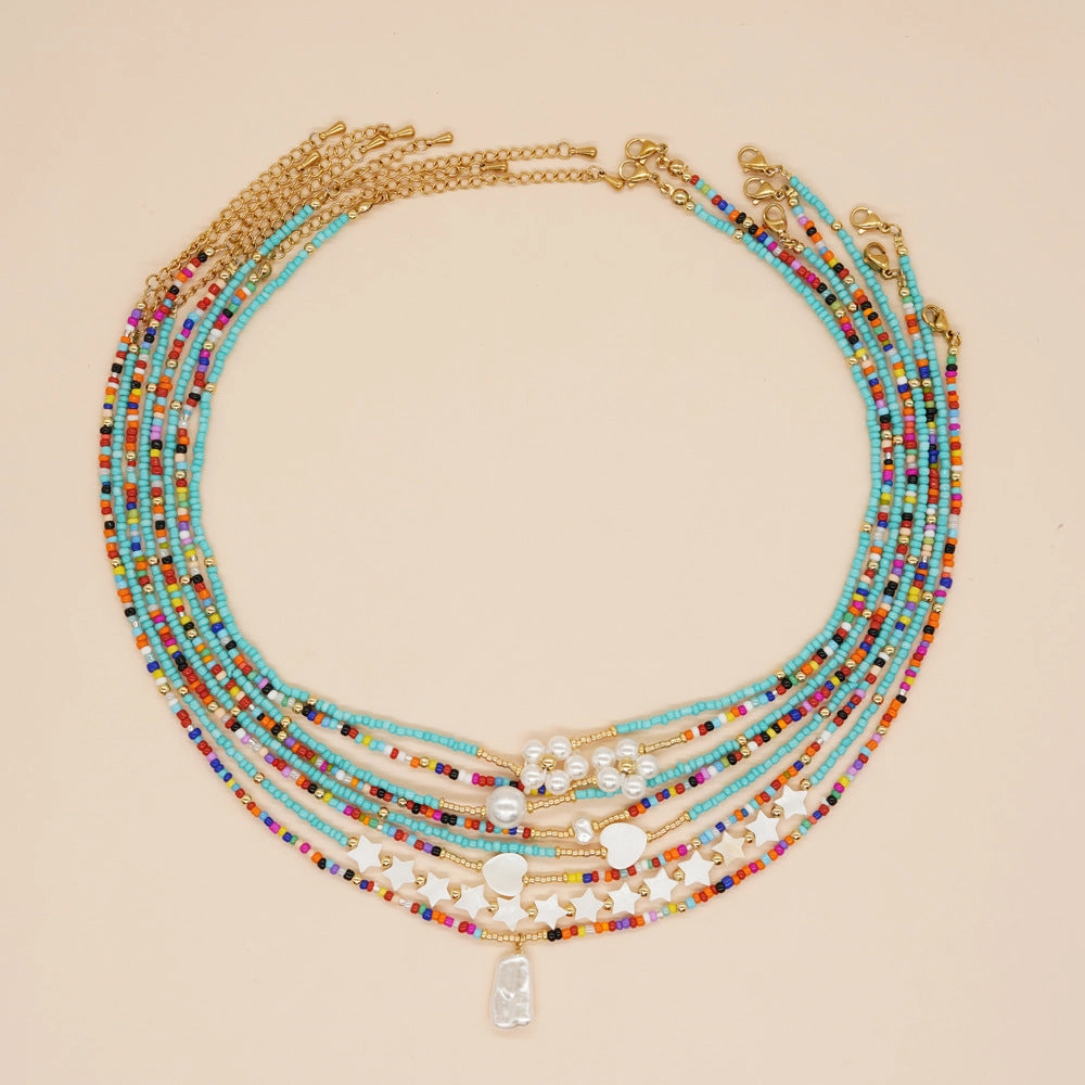 Wholesale Bohemian Seashell Pentagram Heart Daisy Imitation Pearl Necklace
