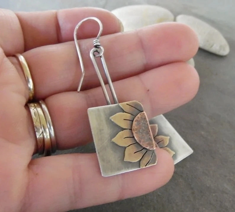 Wholesale Bohemian Square Sunflower Pattern Earrings