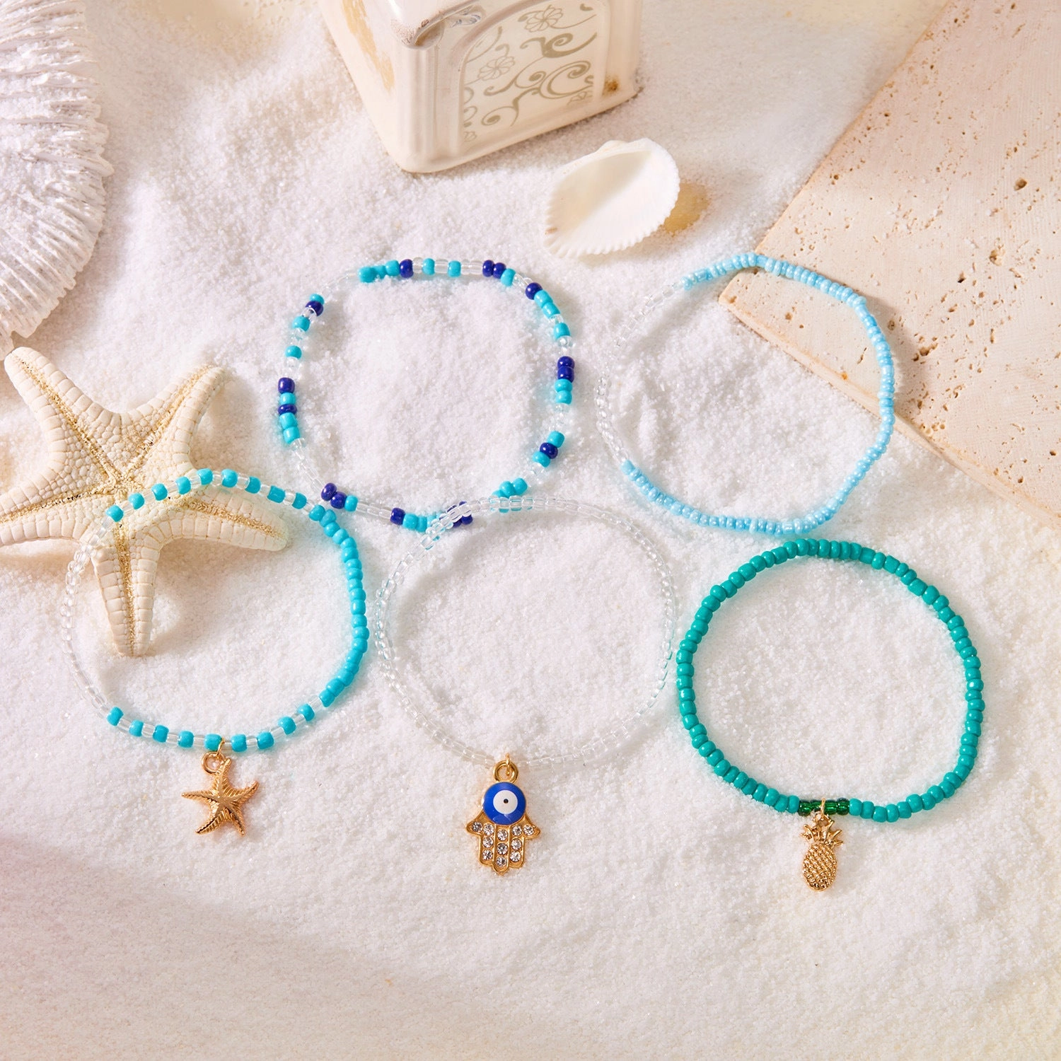 Wholesale Bohemian Starfish Beaded Shell Bracelet Evil Eye Bracelet Set