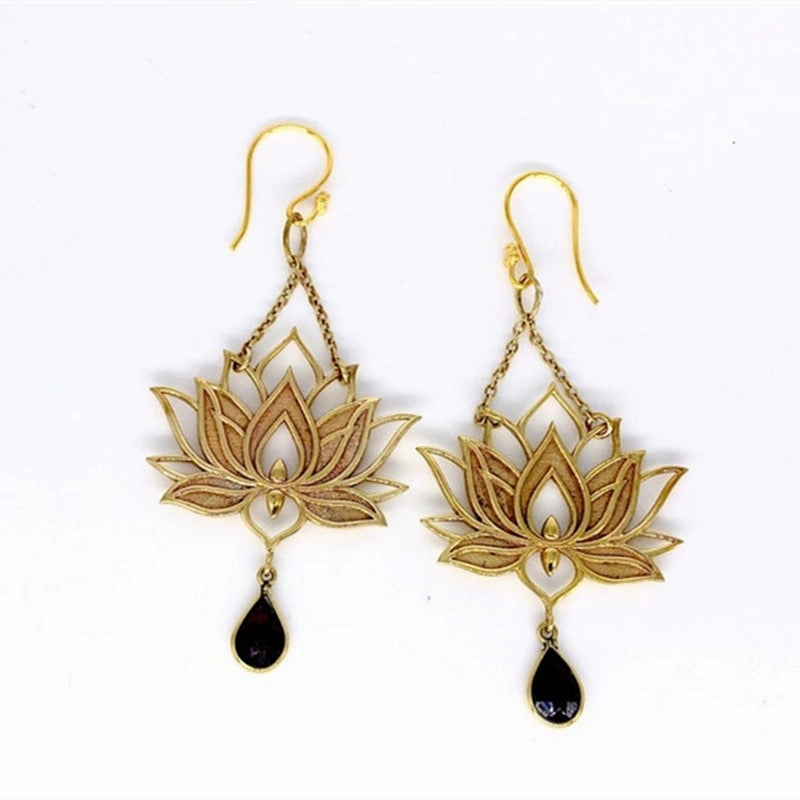 Wholesale Bohemian Style Gold Lotus Shape Set Gemstone Pendant Vintage Earrings