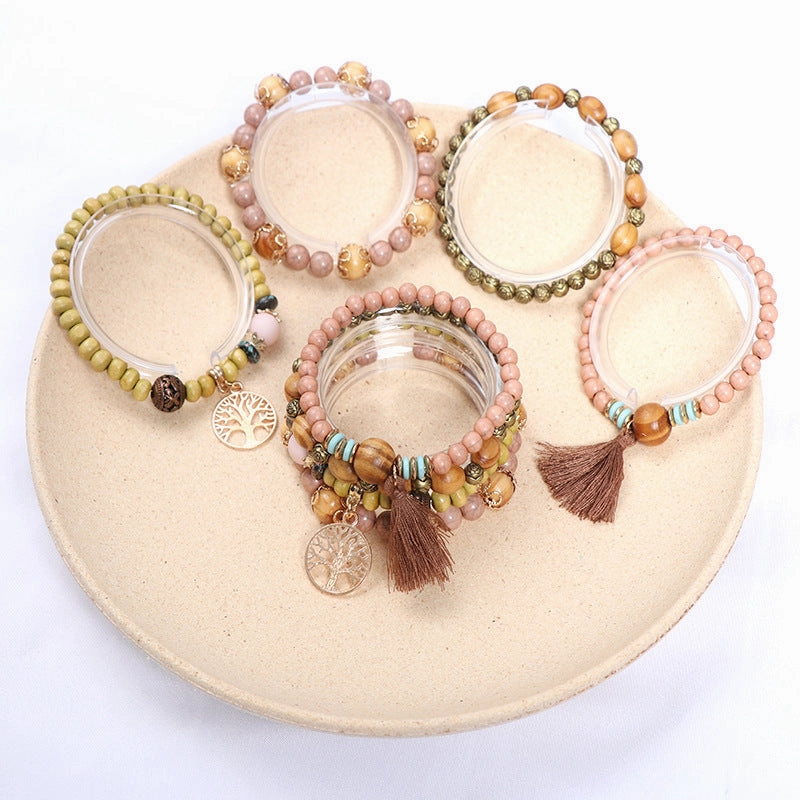 Wholesale Bohemian Tassel Multilayer Wooden Beads Bracelet