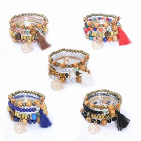 Wholesale Bohemian Tassel Multilayer Wooden Beads Bracelet