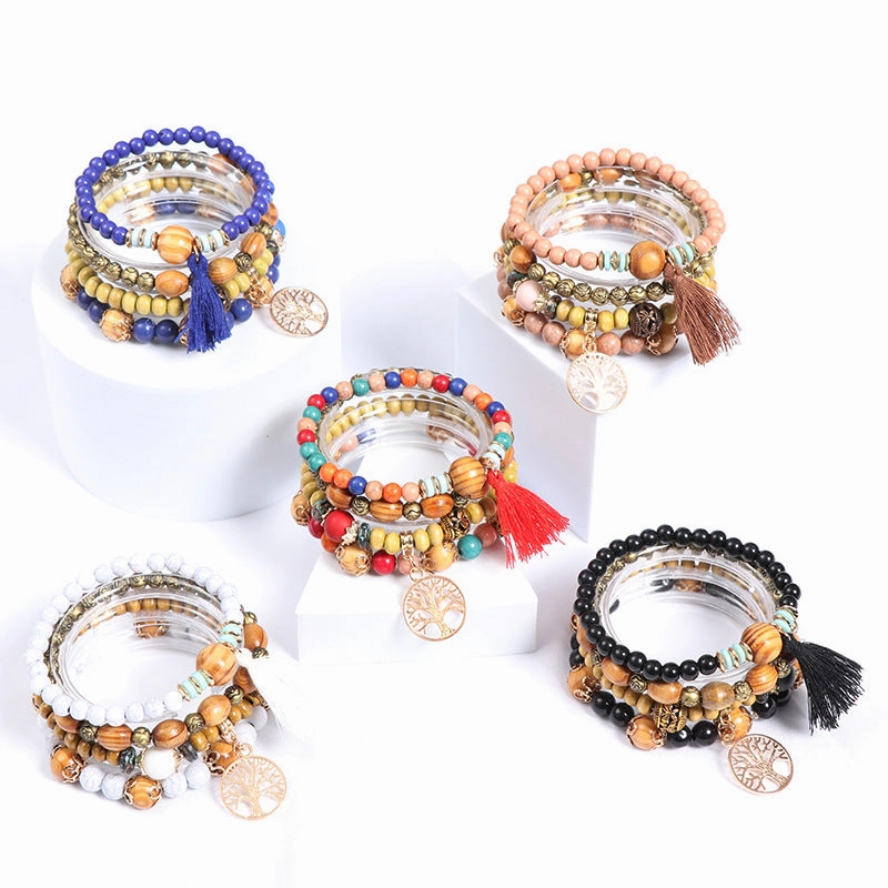 Wholesale Bohemian Tassel Multilayer Wooden Beads Bracelet