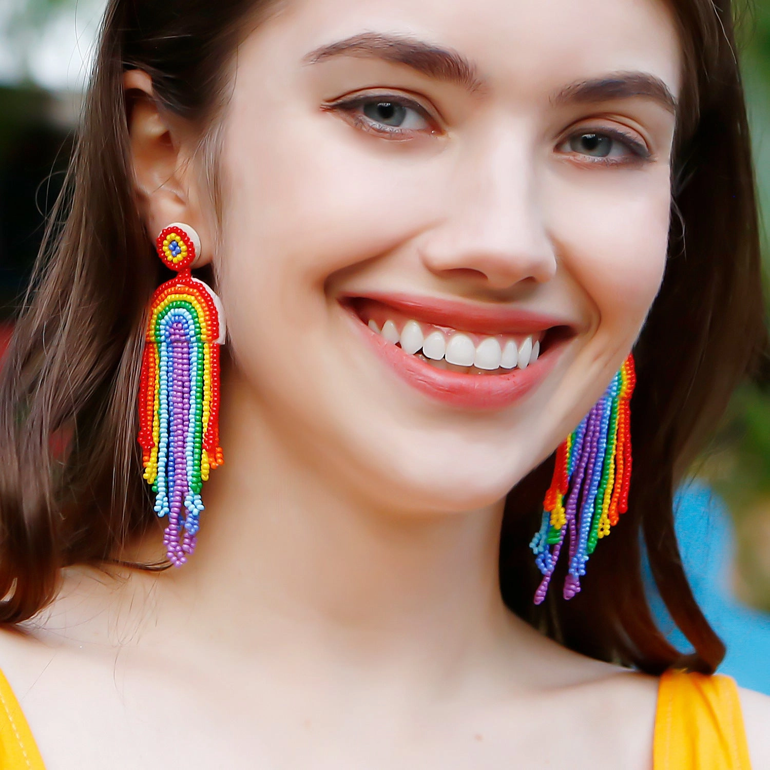 Wholesale Bohemian Tassel Rainbow Hand Woven Rice Bead Earrings