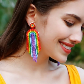 Wholesale Bohemian Tassel Rainbow Hand Woven Rice Bead Earrings