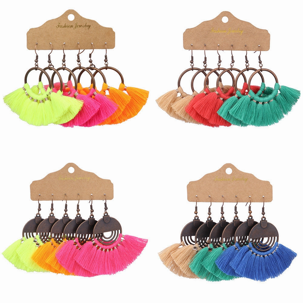 Wholesale Bohemian Tassels Three Pair Alloy Earrings