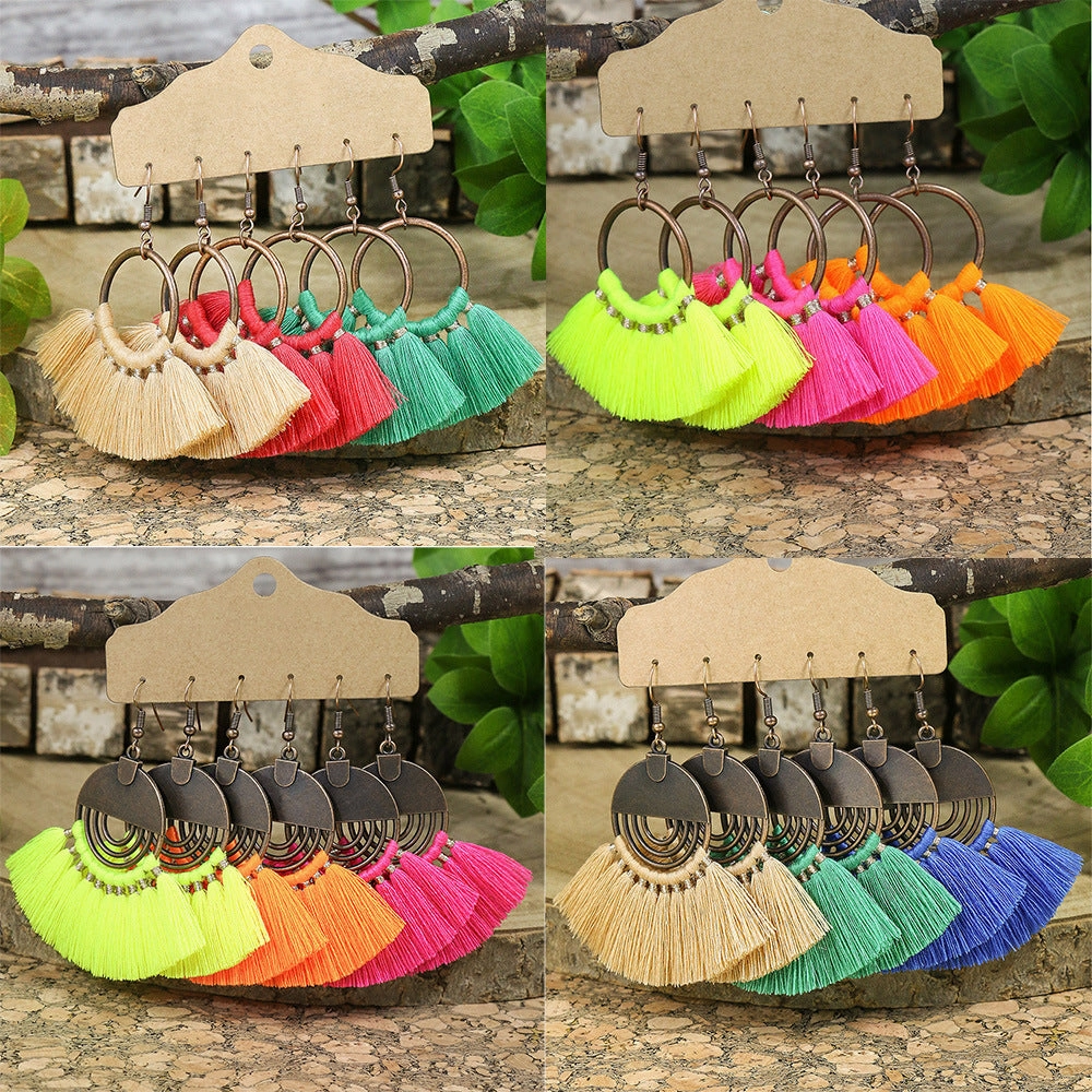 Wholesale Bohemian Tassels Three Pair Alloy Earrings