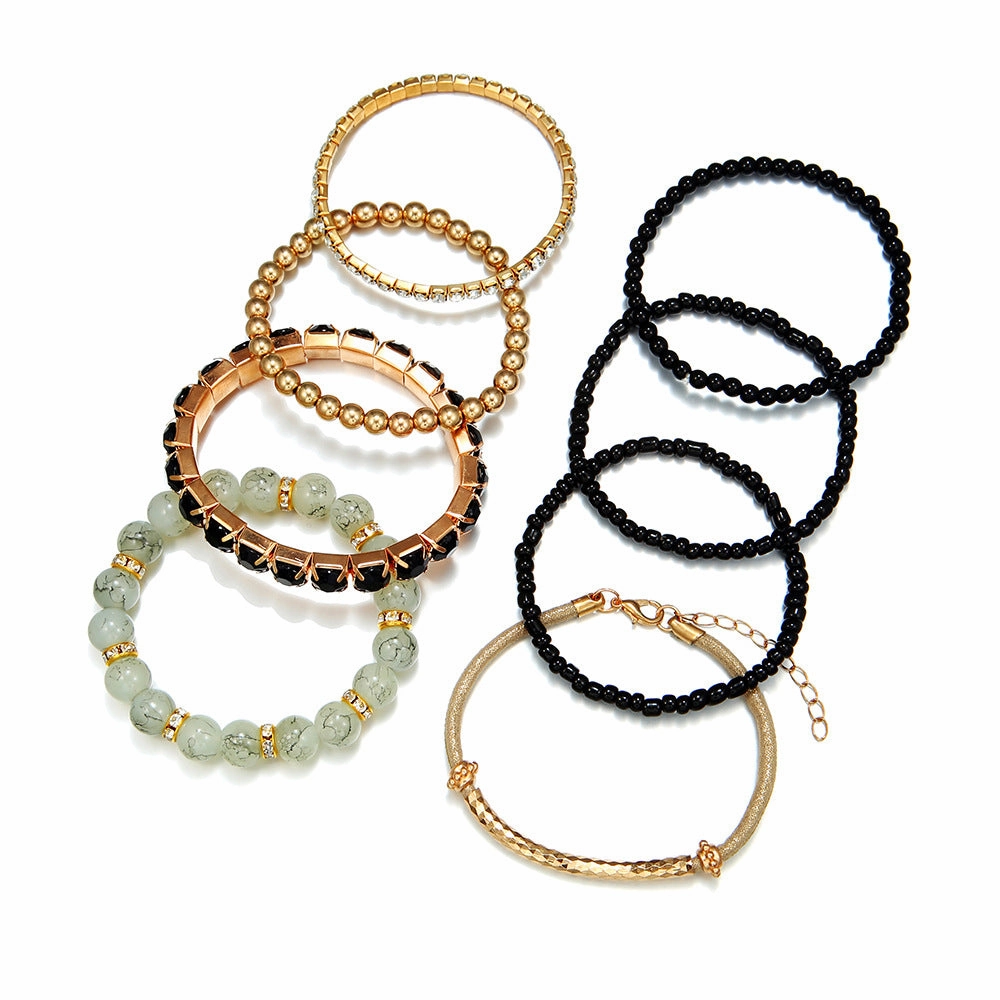 Wholesale Bohemian Turquoise Round Beads Vintage Elastic Rhinestone Rice Beads Bracelet Set
