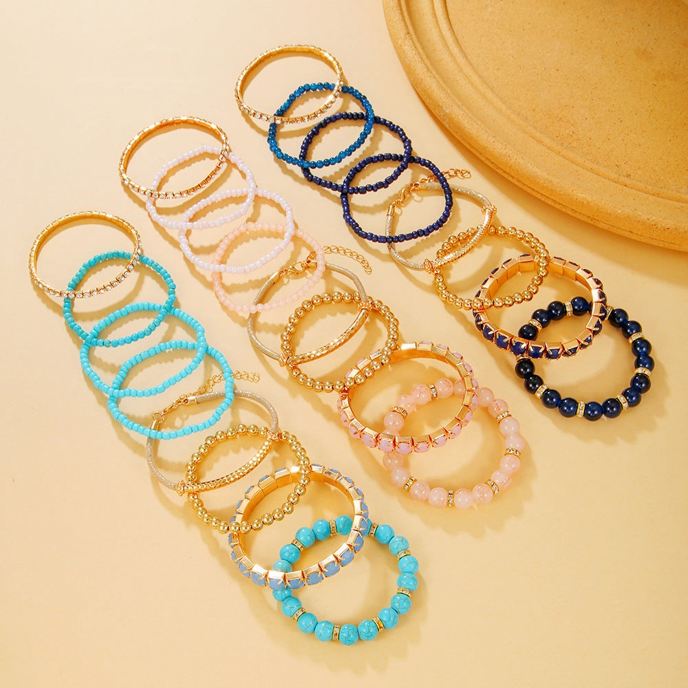 Wholesale Bohemian Turquoise Round Beads Vintage Elastic Rhinestone Rice Beads Bracelet Set