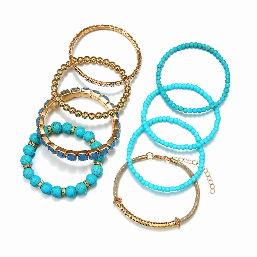 Wholesale Bohemian Turquoise Round Beads Vintage Elastic Rhinestone Rice Beads Bracelet Set