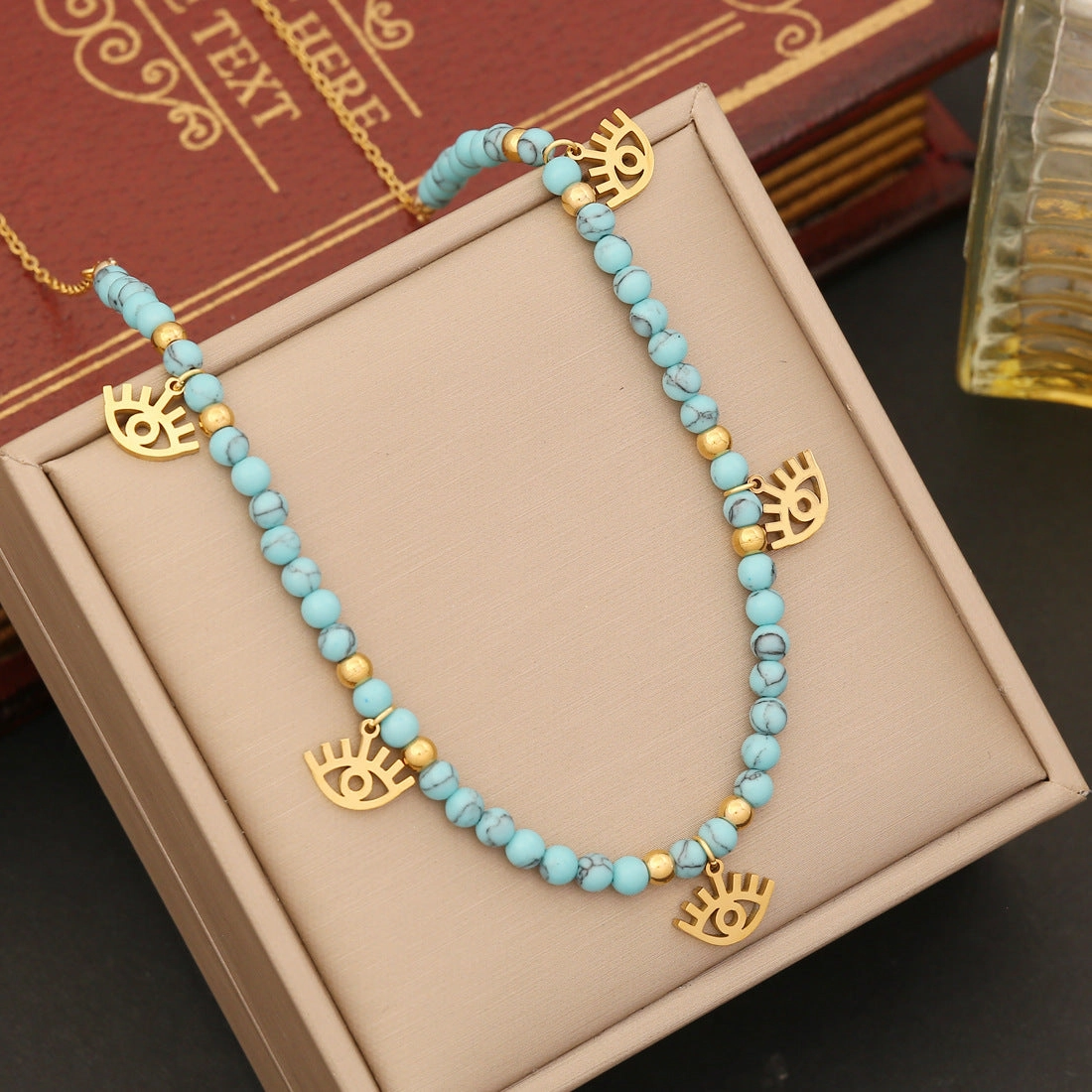 Wholesale Bohemian Turquoise Stainless Steel Eyes Butterfly Necklaces