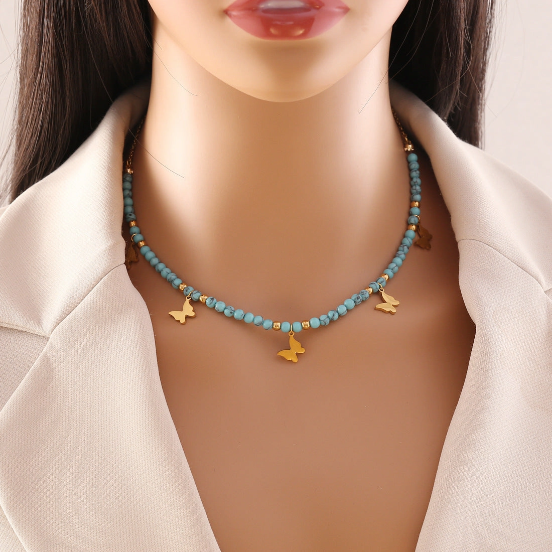 Wholesale Bohemian Turquoise Stainless Steel Eyes Butterfly Necklaces